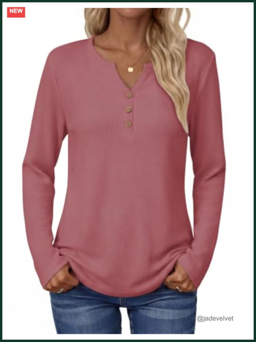Waffle Knit Long Sleeve V Neck Henley Tunic Top
